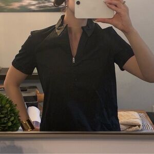 Zip up short sleeve top with leather collar
